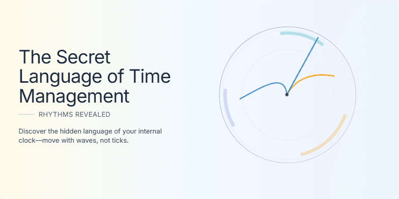 A stylized clock with flowing hands represents the natural rhythms of productivity against a calming sunrise-to-twilight gradient background.  Three colored arcs symbolize different energy levels throughout the day: Morning Rise, Focus Flow, and Evening Unwind. Fragment #2