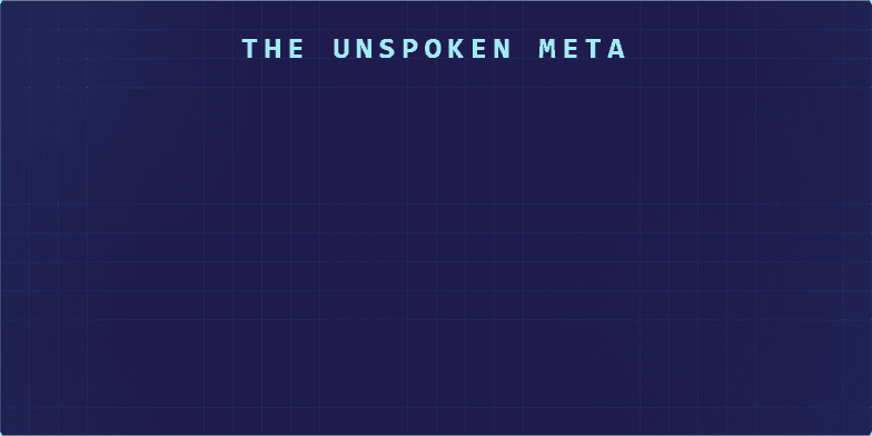 A title slide with a futuristic, digital theme. The background is dark indigo with a glowing cyan grid. The title 'The Unspoken Meta' flickers in a digital font. In the center, a holographic projection shows an abstract character with magenta data lines streaming across it. At the bottom, three 'chips' display key insights about gaming strategy. Fragment #1