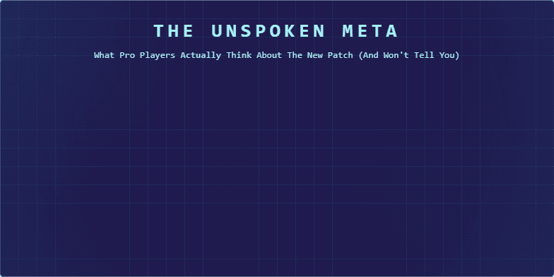 A title slide with a futuristic, digital theme. The background is dark indigo with a glowing cyan grid. The title 'The Unspoken Meta' flickers in a digital font. In the center, a holographic projection shows an abstract character with magenta data lines streaming across it. At the bottom, three 'chips' display key insights about gaming strategy. Fragment #2