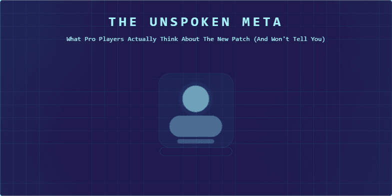 A title slide with a futuristic, digital theme. The background is dark indigo with a glowing cyan grid. The title 'The Unspoken Meta' flickers in a digital font. In the center, a holographic projection shows an abstract character with magenta data lines streaming across it. At the bottom, three 'chips' display key insights about gaming strategy. Fragment #3