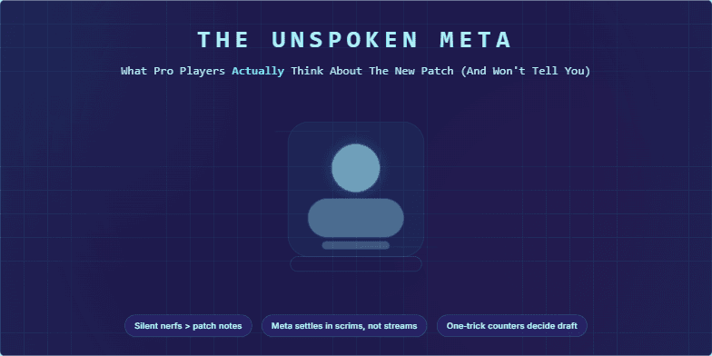 A title slide with a futuristic, digital theme. The background is dark indigo with a glowing cyan grid. The title 'The Unspoken Meta' flickers in a digital font. In the center, a holographic projection shows an abstract character with magenta data lines streaming across it. At the bottom, three 'chips' display key insights about gaming strategy.