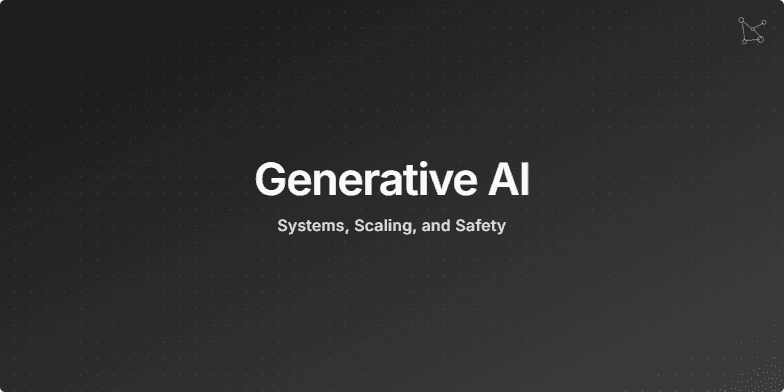 A dark-themed title slide for a presentation on 'Generative AI'. The background is a dark gray gradient with a subtle animated dot pattern. The main title is in large white text, with the subtitle 'Systems, Scaling, and Safety' below it. At the bottom, it lists the speaker 'Maya Chen' and the event 'AI Systems Summit 2025'. Fragment #3