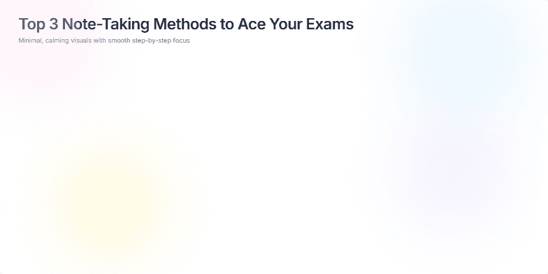 A slide showcasing three note-taking methods: handwritten notes, digital notes using apps, and mind maps. Each method is presented in a clean, minimalist style with pastel colors and subtle animations, highlighting their key benefits. Fragment #1