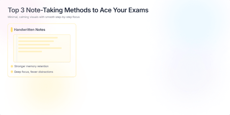 A slide showcasing three note-taking methods: handwritten notes, digital notes using apps, and mind maps. Each method is presented in a clean, minimalist style with pastel colors and subtle animations, highlighting their key benefits. Fragment #2