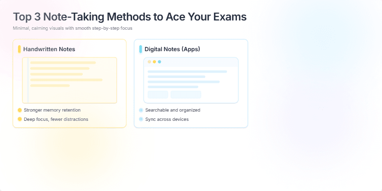 A slide showcasing three note-taking methods: handwritten notes, digital notes using apps, and mind maps. Each method is presented in a clean, minimalist style with pastel colors and subtle animations, highlighting their key benefits. Fragment #3