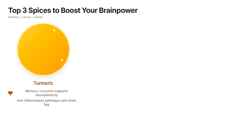 A slide showcasing turmeric, ginger, and rosemary with icons representing memory, focus, and clarity, against a minimalist background. Subtle animations highlight each spice and their benefits for brainpower. Fragment #2