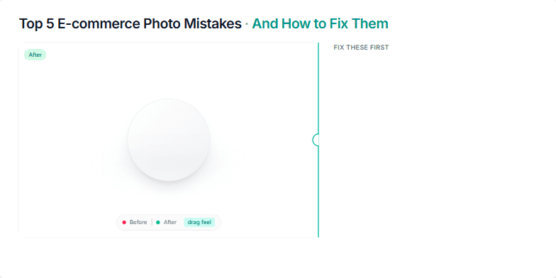 Slide depicting a before-and-after comparison of product photography, highlighting common e-commerce photo mistakes and their solutions. Fragment #2