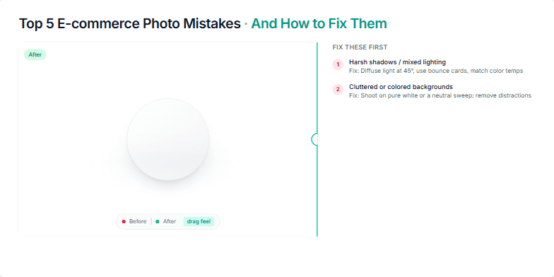 Slide depicting a before-and-after comparison of product photography, highlighting common e-commerce photo mistakes and their solutions. Fragment #3