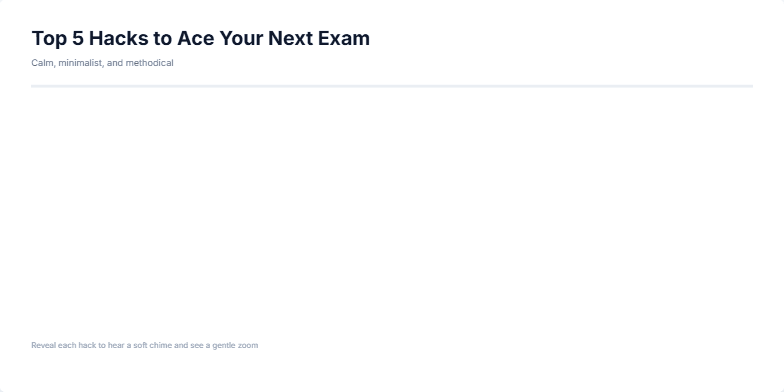 A slide titled 'Top 5 Hacks to Ace Your Next Exam' presents five study tips with minimalist icons and pastel colors. Each hack gently zooms in with a soft chime: 1. Plan backwards with a 7-day map; 2. 25-5 focus cycles; 3. Active recall beats re-reading; 4. Teach it in 3 bullets; 5. Sleep, move, hydrate. Fragment #1