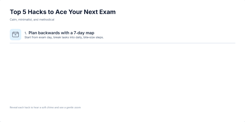 A slide titled 'Top 5 Hacks to Ace Your Next Exam' presents five study tips with minimalist icons and pastel colors. Each hack gently zooms in with a soft chime: 1. Plan backwards with a 7-day map; 2. 25-5 focus cycles; 3. Active recall beats re-reading; 4. Teach it in 3 bullets; 5. Sleep, move, hydrate. Fragment #2