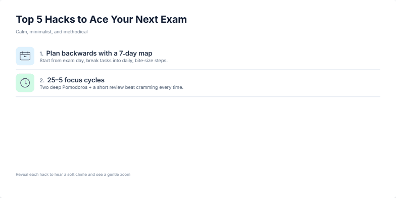 A slide titled 'Top 5 Hacks to Ace Your Next Exam' presents five study tips with minimalist icons and pastel colors. Each hack gently zooms in with a soft chime: 1. Plan backwards with a 7-day map; 2. 25-5 focus cycles; 3. Active recall beats re-reading; 4. Teach it in 3 bullets; 5. Sleep, move, hydrate. Fragment #3