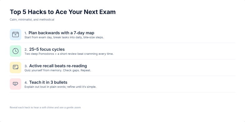 A slide titled 'Top 5 Hacks to Ace Your Next Exam' presents five study tips with minimalist icons and pastel colors. Each hack gently zooms in with a soft chime: 1. Plan backwards with a 7-day map; 2. 25-5 focus cycles; 3. Active recall beats re-reading; 4. Teach it in 3 bullets; 5. Sleep, move, hydrate. Fragment #5