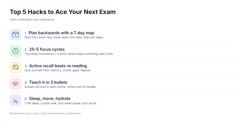 A slide titled 'Top 5 Hacks to Ace Your Next Exam' presents five study tips with minimalist icons and pastel colors. Each hack gently zooms in with a soft chime: 1. Plan backwards with a 7-day map; 2. 25-5 focus cycles; 3. Active recall beats re-reading; 4. Teach it in 3 bullets; 5. Sleep, move, hydrate.