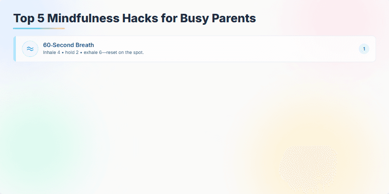 A slide titled 'Top 5 Mindfulness Hacks for Busy Parents.'  Soft, pastel watercolor backgrounds create a calming atmosphere. Each hack is presented on a card with a hand-drawn icon and a gentle ripple animation.  Hacks include a 60-second breathing exercise, anchoring mindfulness to a daily routine, a phone reset rule, a sensory check-in, and a gentle evening shutdown routine. Fragment #2
