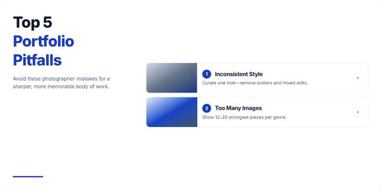 A minimalist slide design showcasing five common photography portfolio pitfalls. Each pitfall is represented by a desaturated image and a short description, creating a gallery-like presentation. Fragment #3
