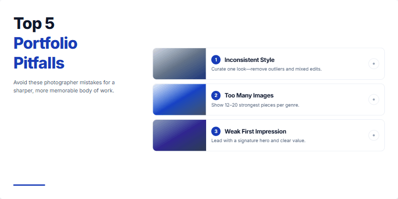 A minimalist slide design showcasing five common photography portfolio pitfalls. Each pitfall is represented by a desaturated image and a short description, creating a gallery-like presentation. Fragment #4