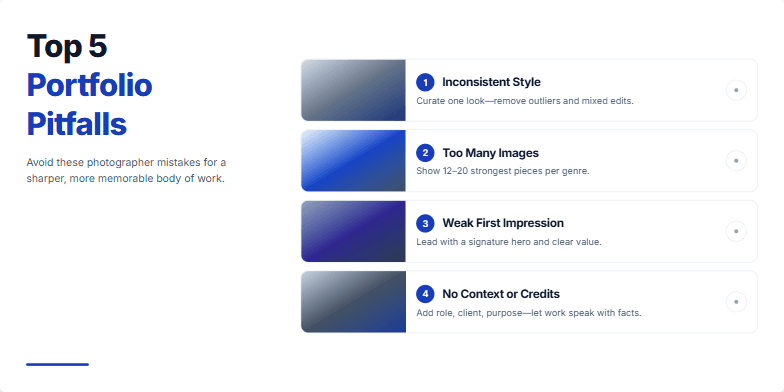 A minimalist slide design showcasing five common photography portfolio pitfalls. Each pitfall is represented by a desaturated image and a short description, creating a gallery-like presentation. Fragment #5