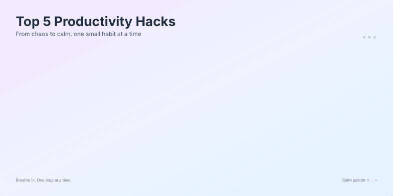 A minimalist slide with a calming pastel gradient background showcasing five productivity hacks. Each hack appears with a subtle animation and a chime, accompanied by a clear title, brief description, and a simple icon. Fragment #1