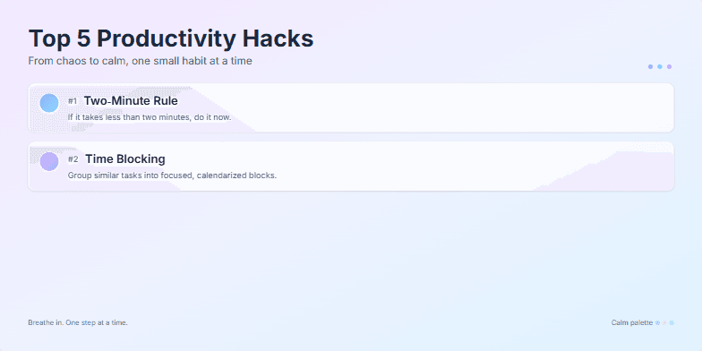 A minimalist slide with a calming pastel gradient background showcasing five productivity hacks. Each hack appears with a subtle animation and a chime, accompanied by a clear title, brief description, and a simple icon. Fragment #3