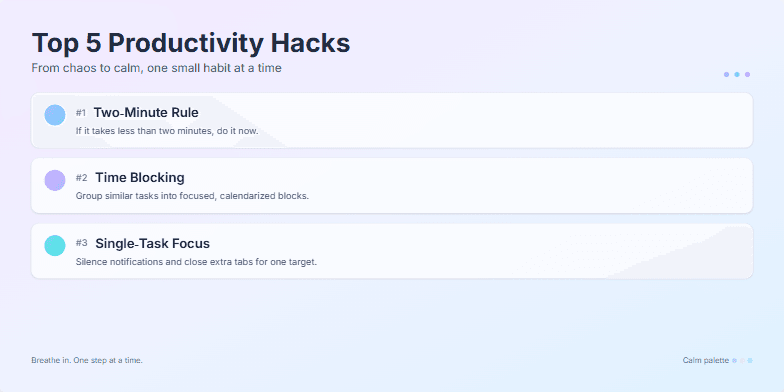 A minimalist slide with a calming pastel gradient background showcasing five productivity hacks. Each hack appears with a subtle animation and a chime, accompanied by a clear title, brief description, and a simple icon. Fragment #4