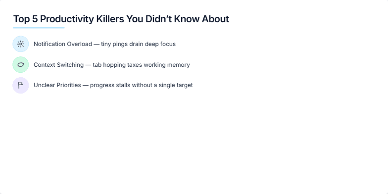 A minimalist slide with the title 'Top 5 Productivity Killers You Didn't Know About'.  Five points are listed, each with a pastel-colored icon: Notification Overload, Context Switching, Unclear Priorities, Meeting Creep, and Perfectionism Trap.  A vibrant call-to-action button reads 'Start a 10-minute reset'. Fragment #4