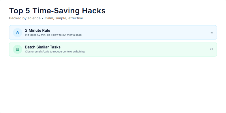 A slide displaying five time-saving hacks backed by science: 2-Minute Rule, Batch Similar Tasks, Time Blocking, Implementation Intentions, and Externalize Memory. Each hack is represented with a pastel-colored icon and a short description on a minimalist background. Fragment #3