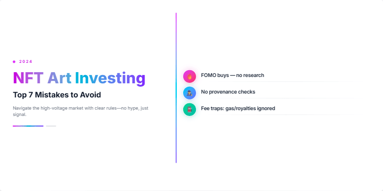 A slide with a cyberpunk aesthetic titled 'NFT Art Investing: Top 7 Mistakes to Avoid in 2024'.  Seven common mistakes are listed with stylized icons, vibrant gradients, and a glitching holographic effect.  The design uses a futuristic font and color scheme. Fragment #2