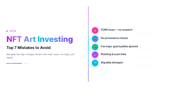 A slide with a cyberpunk aesthetic titled 'NFT Art Investing: Top 7 Mistakes to Avoid in 2024'.  Seven common mistakes are listed with stylized icons, vibrant gradients, and a glitching holographic effect.  The design uses a futuristic font and color scheme. Fragment #3