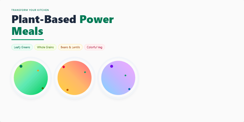 A slide promoting plant-based power meals. The title 'Transform Your Kitchen: Plant-Based Power Meals' is prominently displayed. Colorful circles representing various dishes and icons highlighting quick preparation and health benefits are included. Fragment #2