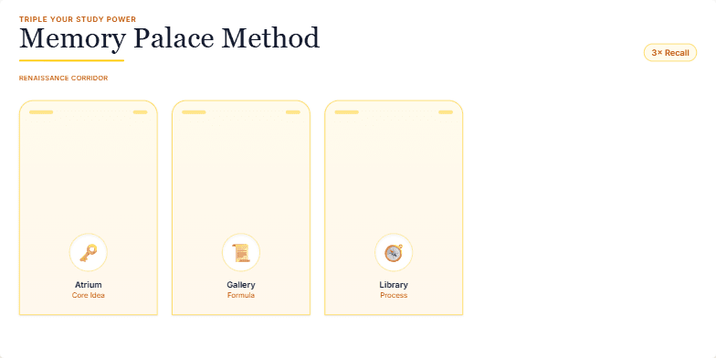 A slide illustrating the Memory Palace Method with a Renaissance palace visualization. Three rooms (Atrium, Gallery, Library) are shown with symbolic emojis, representing memory pegs.  On the right, three steps explain how the method works: Choose a Palace, Place Vivid Pegs, and Walk & Recall. Fragment #2