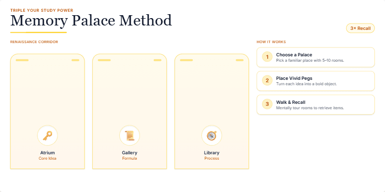 A slide illustrating the Memory Palace Method with a Renaissance palace visualization. Three rooms (Atrium, Gallery, Library) are shown with symbolic emojis, representing memory pegs.  On the right, three steps explain how the method works: Choose a Palace, Place Vivid Pegs, and Walk & Recall. Fragment #3