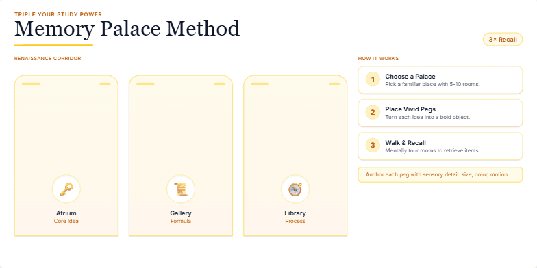 A slide illustrating the Memory Palace Method with a Renaissance palace visualization. Three rooms (Atrium, Gallery, Library) are shown with symbolic emojis, representing memory pegs.  On the right, three steps explain how the method works: Choose a Palace, Place Vivid Pegs, and Walk & Recall.