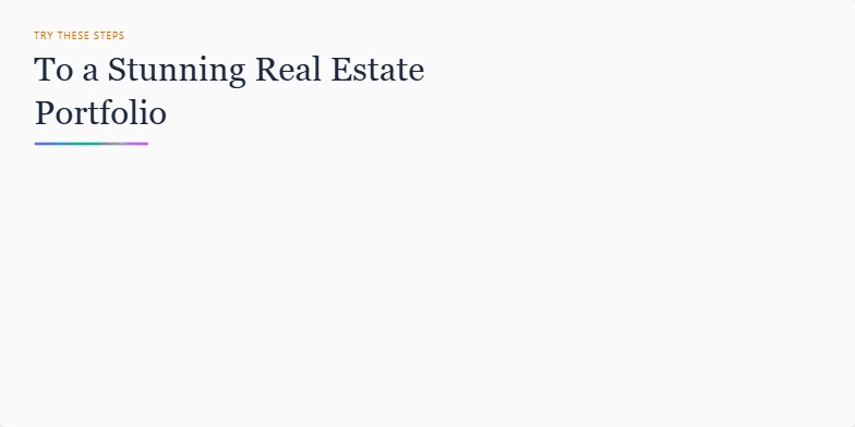 A slide showcasing tips for building a stunning real estate portfolio. The left side lists steps like using drone footage, clean grids, and subtle parallax scrolling. The right side features a mockup of a portfolio website with a vibrant hero image and property highlights. Fragment #1