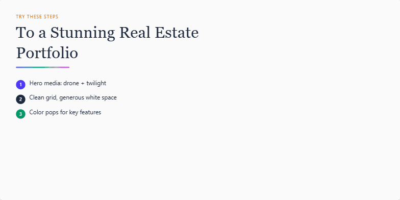 A slide showcasing tips for building a stunning real estate portfolio. The left side lists steps like using drone footage, clean grids, and subtle parallax scrolling. The right side features a mockup of a portfolio website with a vibrant hero image and property highlights. Fragment #2