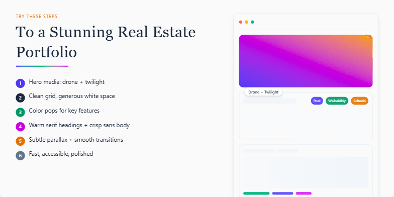 A slide showcasing tips for building a stunning real estate portfolio. The left side lists steps like using drone footage, clean grids, and subtle parallax scrolling. The right side features a mockup of a portfolio website with a vibrant hero image and property highlights.