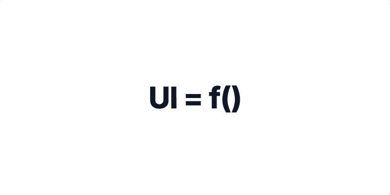 A slide displaying the formula UI = f(state) with 'state' highlighted in teal. Below, a diagram illustrates the flow: Event → State Update → Render. Fragment #1