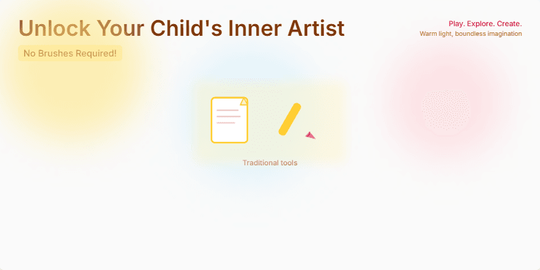 A slide with a warm, sunlit background showcasing a transition from traditional art supplies to a tablet and stylus. A child's sketch is shown transforming into a 3D model, highlighting the theme of unlocking children's artistic potential with digital tools. Fragment #2