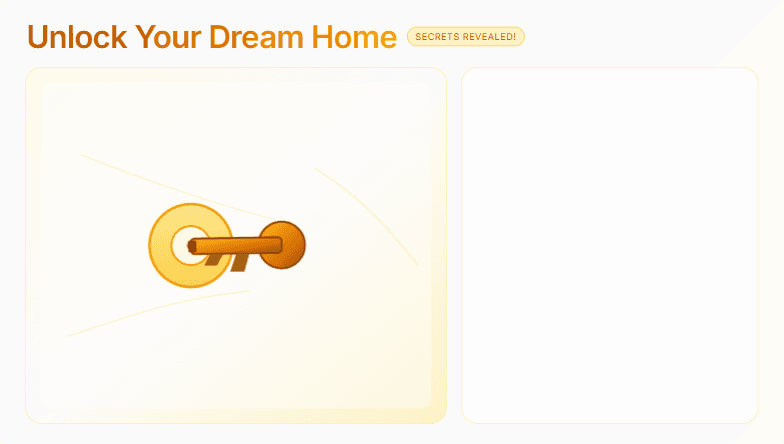 A slide titled 'Unlock Your Dream Home: Secrets Revealed!' with a warm color palette and an animation of a key turning in a lock.  Bullet points highlight key takeaways about home buying. Fragment #2