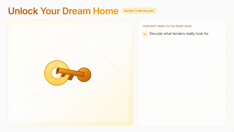 A slide titled 'Unlock Your Dream Home: Secrets Revealed!' with a warm color palette and an animation of a key turning in a lock.  Bullet points highlight key takeaways about home buying. Fragment #3