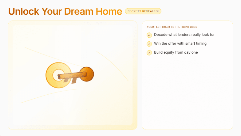 A slide titled 'Unlock Your Dream Home: Secrets Revealed!' with a warm color palette and an animation of a key turning in a lock.  Bullet points highlight key takeaways about home buying. Fragment #5