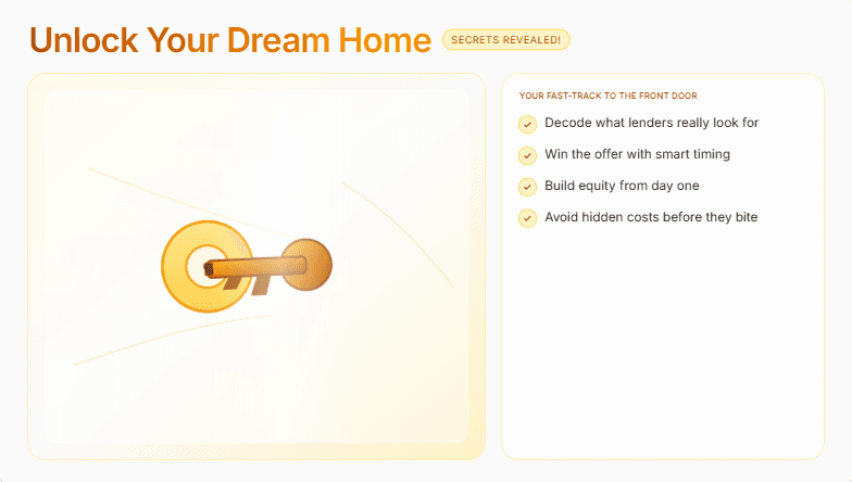 A slide titled 'Unlock Your Dream Home: Secrets Revealed!' with a warm color palette and an animation of a key turning in a lock.  Bullet points highlight key takeaways about home buying. Fragment #6