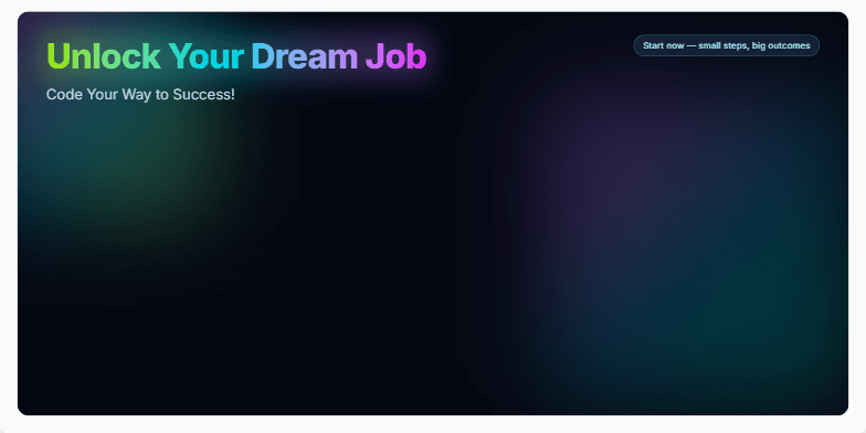 A slide with a dark background and vibrant neon accents. The title 'Unlock Your Dream Job: Code Your Way to Success!' is prominently displayed.  A code snippet and a visual roadmap illustrating the steps to a coding career are also featured. Fragment #1