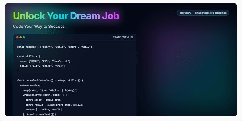A slide with a dark background and vibrant neon accents. The title 'Unlock Your Dream Job: Code Your Way to Success!' is prominently displayed.  A code snippet and a visual roadmap illustrating the steps to a coding career are also featured. Fragment #2
