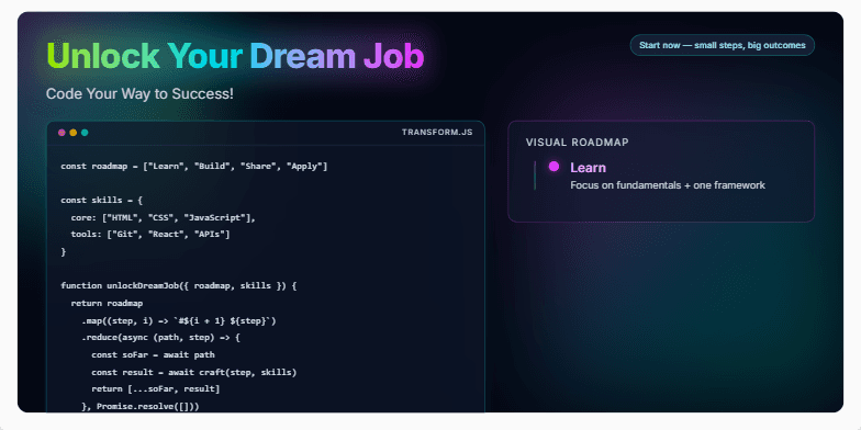 A slide with a dark background and vibrant neon accents. The title 'Unlock Your Dream Job: Code Your Way to Success!' is prominently displayed.  A code snippet and a visual roadmap illustrating the steps to a coding career are also featured. Fragment #3