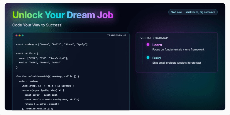 A slide with a dark background and vibrant neon accents. The title 'Unlock Your Dream Job: Code Your Way to Success!' is prominently displayed.  A code snippet and a visual roadmap illustrating the steps to a coding career are also featured. Fragment #4