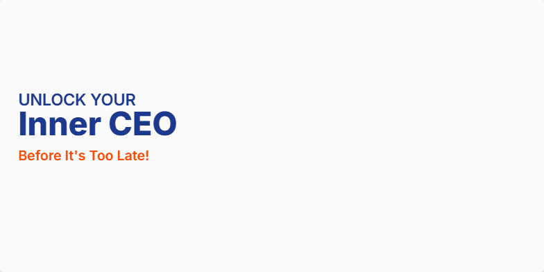 A slide with the title 'Unlock Your Inner CEO: Before It's Too Late!' in bold typography.  A glowing orb symbolizing a startup idea is held by two hands.  A rocket launch visual adds dynamism. The color scheme is fiery orange and deep blue. Fragment #1