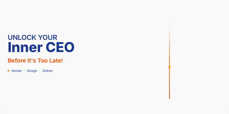 A slide with the title 'Unlock Your Inner CEO: Before It's Too Late!' in bold typography.  A glowing orb symbolizing a startup idea is held by two hands.  A rocket launch visual adds dynamism. The color scheme is fiery orange and deep blue. Fragment #2