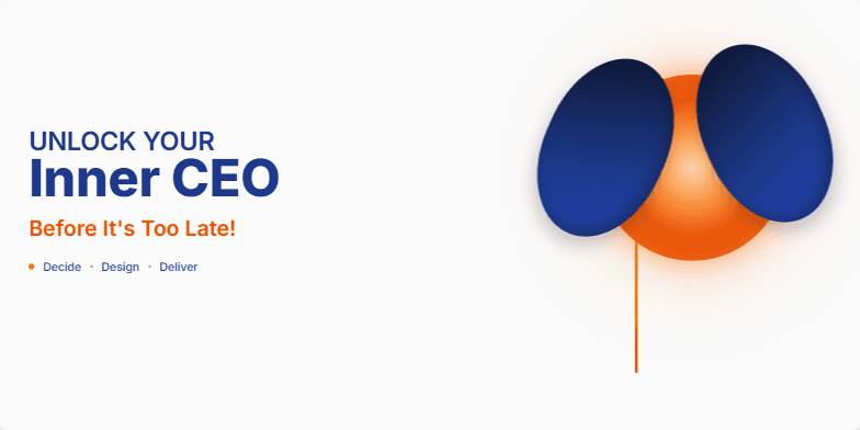A slide with the title 'Unlock Your Inner CEO: Before It's Too Late!' in bold typography.  A glowing orb symbolizing a startup idea is held by two hands.  A rocket launch visual adds dynamism. The color scheme is fiery orange and deep blue. Fragment #3