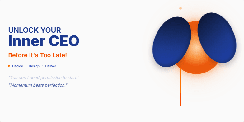 A slide with the title 'Unlock Your Inner CEO: Before It's Too Late!' in bold typography.  A glowing orb symbolizing a startup idea is held by two hands.  A rocket launch visual adds dynamism. The color scheme is fiery orange and deep blue. Fragment #4