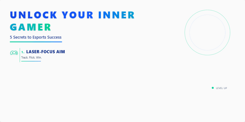 A slide with a dark blue and electric green background, featuring a title 'Unlock Your Inner Gamer: 5 Secrets to Esports Success'. Each secret is highlighted with an animated game controller icon and short, punchy text. Fragment #2